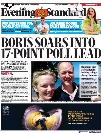 London Evening Standard Newspaper Front Page for 1 November 2019