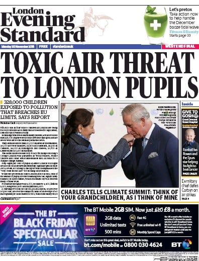 London Evening Standard Newspaper Front Page for 1 December 2015
