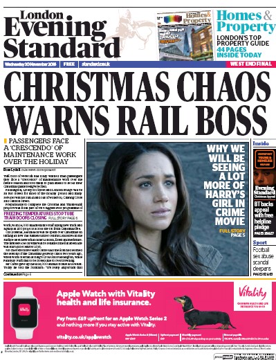 London Evening Standard Newspaper Front Page for 1 December 2016