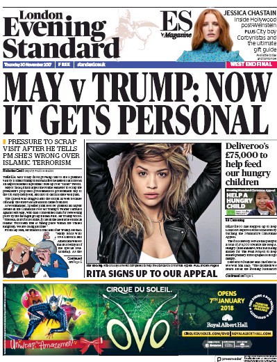 London Evening Standard Newspaper Front Page for 1 December 2017