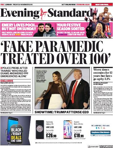 London Evening Standard Newspaper Front Page for 1 December 2018