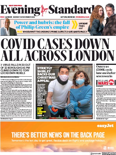London Evening Standard Newspaper Front Page for 1 December 2020
