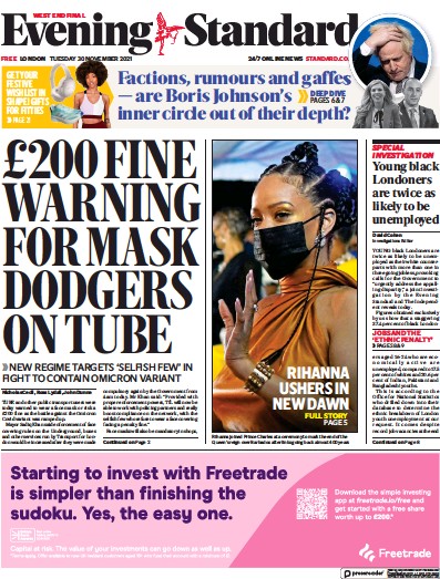 London Evening Standard (UK) Newspaper Front Page for 1 December 2021