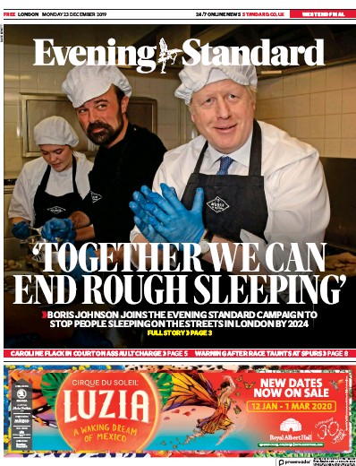London Evening Standard (UK) Newspaper Front Page for 1 January 2020