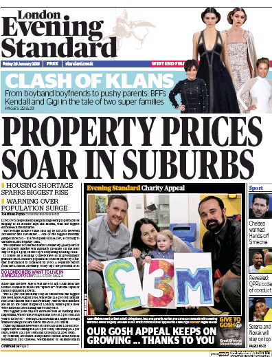 London Evening Standard Newspaper Front Page for 1 February 2016