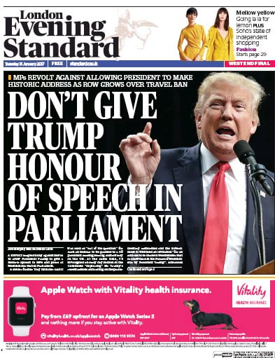 London Evening Standard Newspaper Front Page for 1 February 2017
