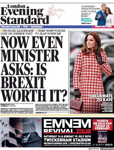 London Evening Standard Newspaper Front Page for 1 February 2018