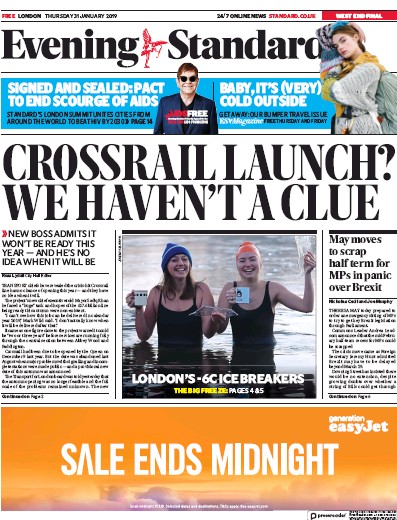London Evening Standard Newspaper Front Page for 1 February 2019
