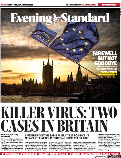 London Evening Standard (UK) Newspaper Front Page for 1 February 2020