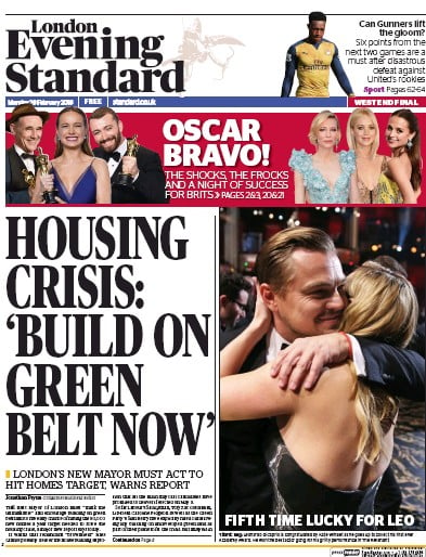London Evening Standard Newspaper Front Page for 1 March 2016