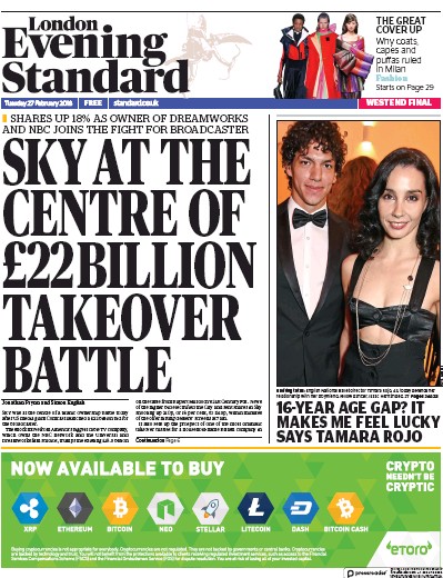 London Evening Standard (UK) Newspaper Front Page for 1 March 2018