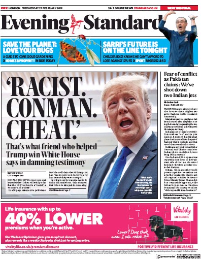 London Evening Standard Newspaper Front Page for 1 March 2019
