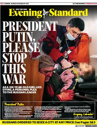 London Evening Standard Newspaper Front Page for 1 March 2022