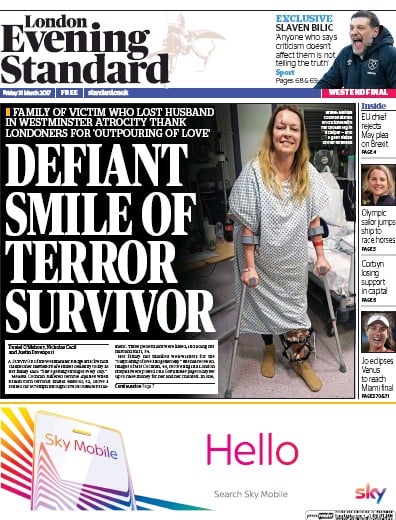 London Evening Standard Newspaper Front Page for 1 April 2017