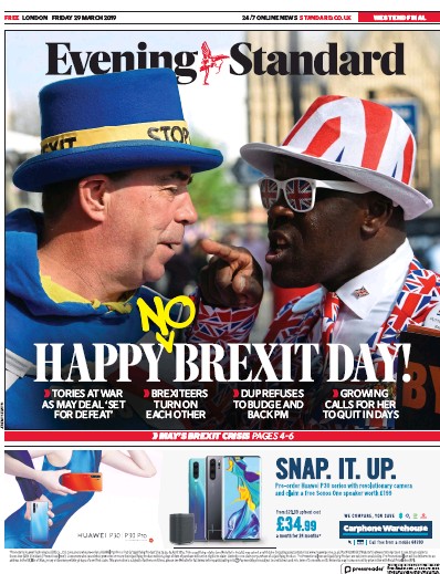 London Evening Standard Newspaper Front Page for 1 April 2019