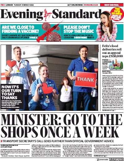 London Evening Standard Newspaper Front Page for 1 April 2020