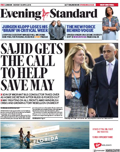 London Evening Standard Newspaper Front Page for 1 May 2018