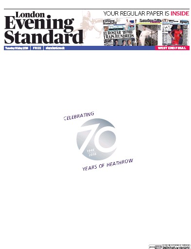 London Evening Standard Newspaper Front Page for 1 June 2016