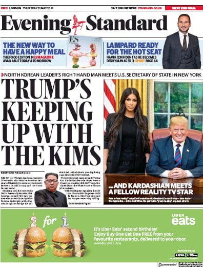 London Evening Standard Newspaper Front Page for 1 June 2018