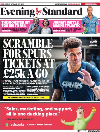 London Evening Standard Newspaper Front Page for 1 June 2019