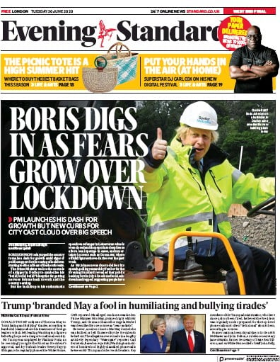 London Evening Standard Newspaper Front Page for 1 July 2020