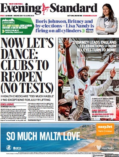 London Evening Standard (UK) Newspaper Front Page for 1 July 2021