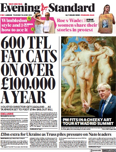 London Evening Standard (UK) Newspaper Front Page for 1 July 2022