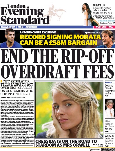 London Evening Standard Newspaper Front Page for 1 August 2017