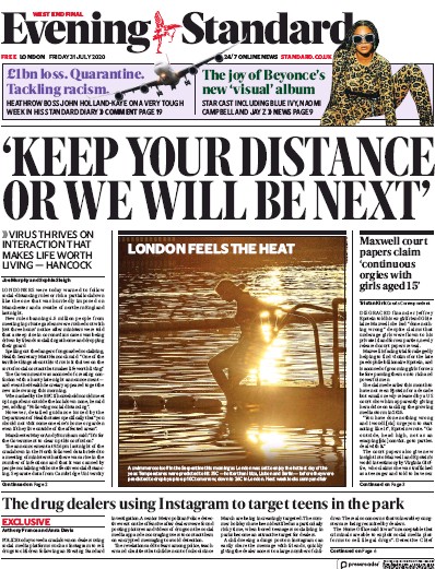 London Evening Standard Newspaper Front Page for 1 August 2020