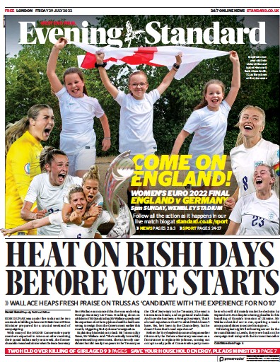 London Evening Standard (UK) Newspaper Front Page for 1 August 2022