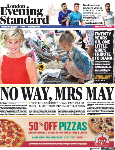 London Evening Standard Newspaper Front Page for 1 September 2017
