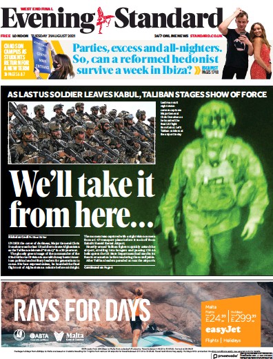 London Evening Standard (UK) Newspaper Front Page for 1 September 2021