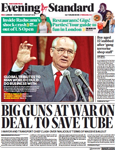 London Evening Standard (UK) Newspaper Front Page for 1 September 2022