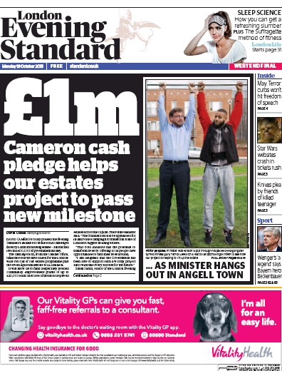 London Evening Standard Newspaper Front Page for 20 October 2015