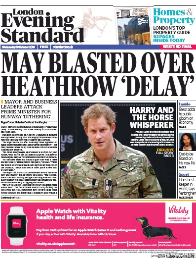 London Evening Standard Newspaper Front Page for 20 October 2016