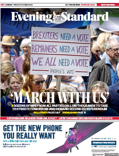 London Evening Standard Newspaper Front Page for 20 October 2018