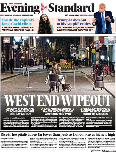 London Evening Standard Newspaper Front Page for 20 October 2020