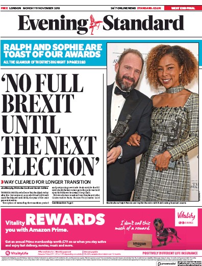 London Evening Standard Newspaper Front Page for 20 November 2018