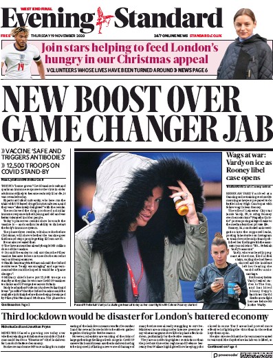 London Evening Standard (UK) Newspaper Front Page for 20 November 2020