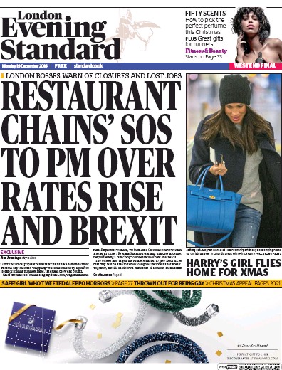 London Evening Standard Newspaper Front Page for 20 December 2016