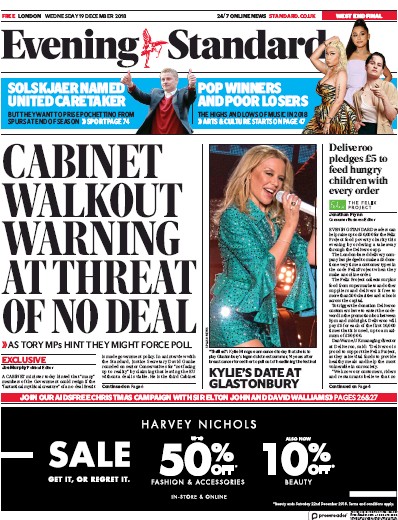 London Evening Standard Newspaper Front Page for 20 December 2018