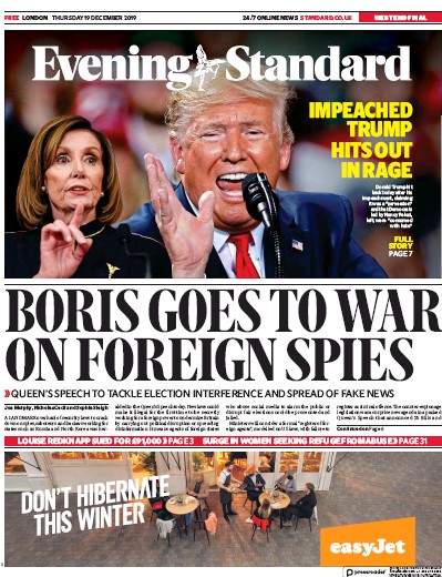 London Evening Standard Newspaper Front Page for 20 December 2019