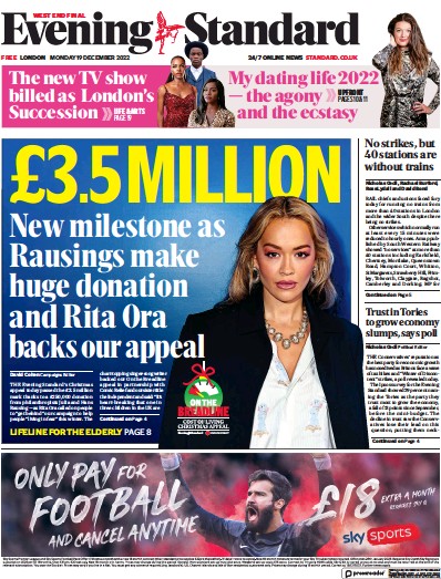 London Evening Standard Newspaper Front Page for 20 December 2022