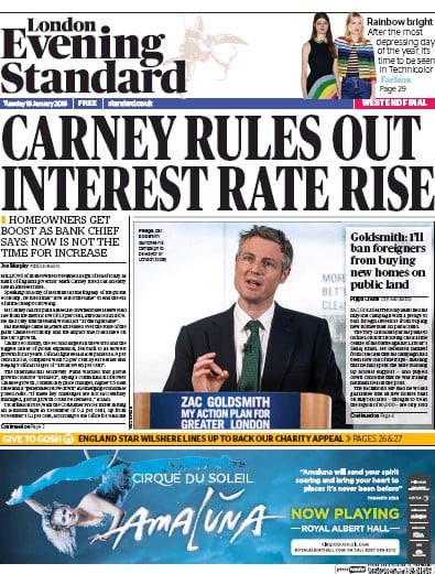 London Evening Standard Newspaper Front Page for 20 January 2016