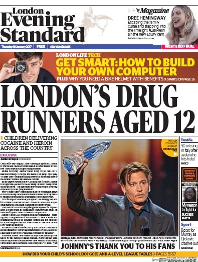 London Evening Standard Newspaper Front Page for 20 January 2017