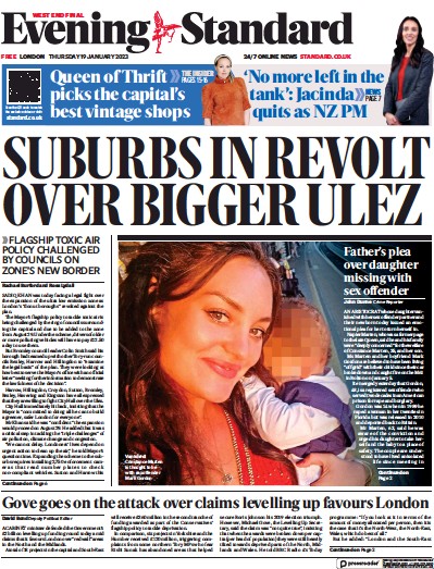 London Evening Standard (UK) Newspaper Front Page for 20 January 2023