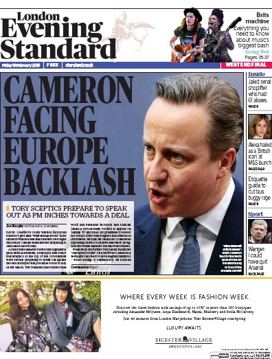 London Evening Standard Newspaper Front Page for 20 February 2016