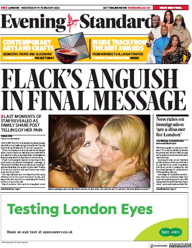 London Evening Standard Newspaper Front Page for 20 February 2020