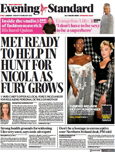 London Evening Standard (UK) Newspaper Front Page for 20 February 2023