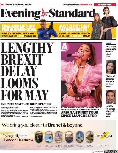 London Evening Standard (UK) Newspaper Front Page for 20 March 2019